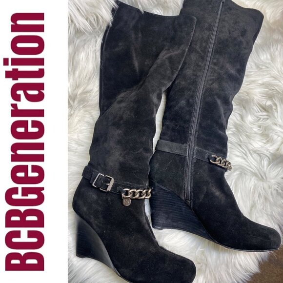 BCBGeneration Merryl Black Genuine Suede Tall Wedge Chain Link Boots, Size 9 - Picture 10 of 12